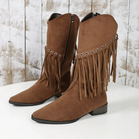 Women's Mid-Calf Retro Cowboy Boots with Tassels