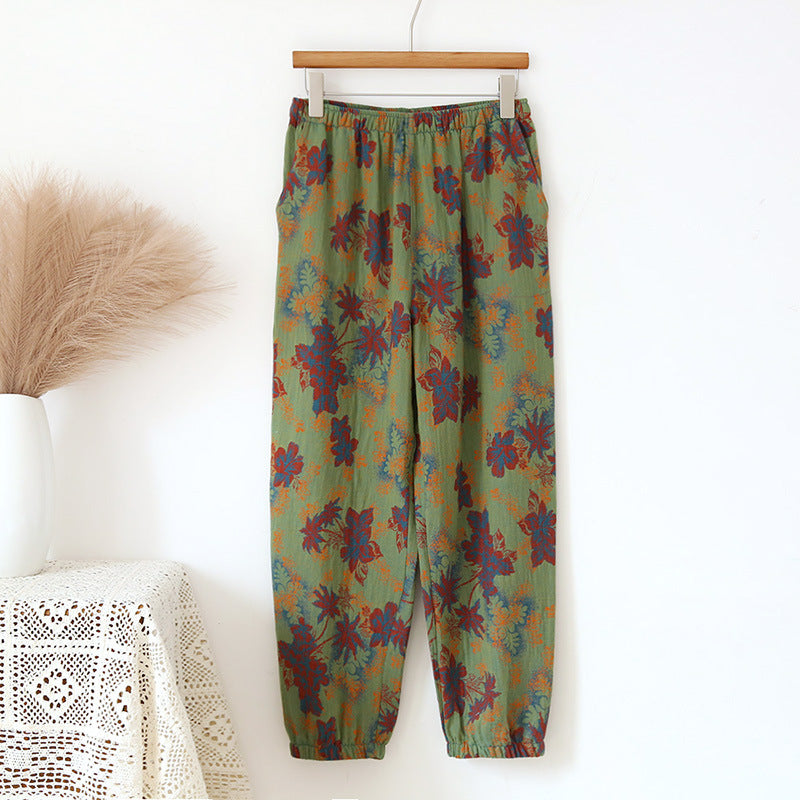 Spring and Summer Pure Cotton Gauze Home Fur Retro Floral Pants
