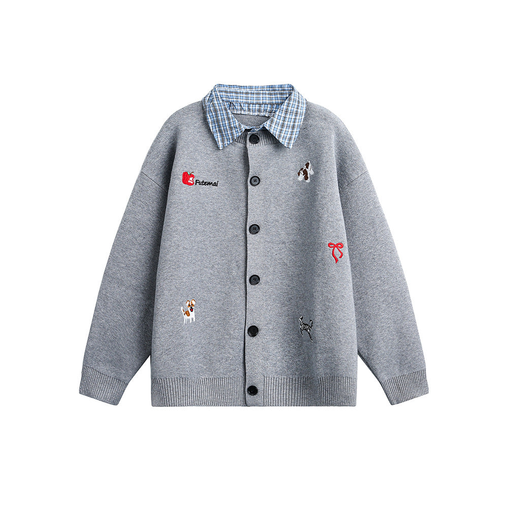 Embroidered plaid collar patchwork cardigan sweater