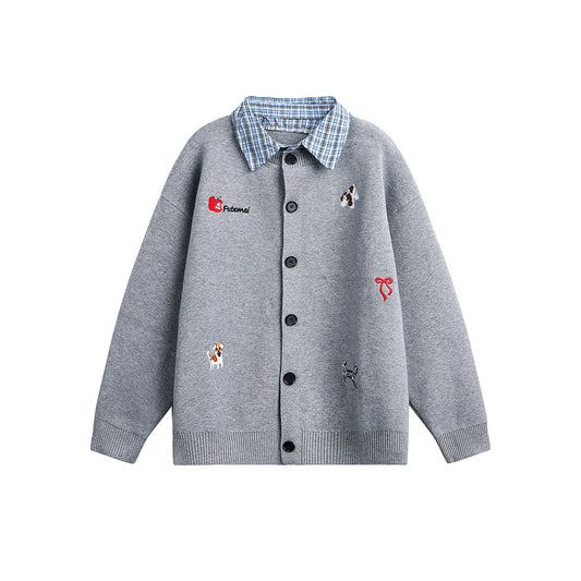 Embroidered plaid collar patchwork cardigan sweater