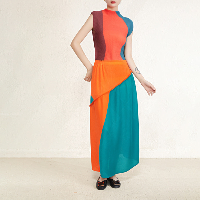 Contrast Color Pleated 2 Pieces Set