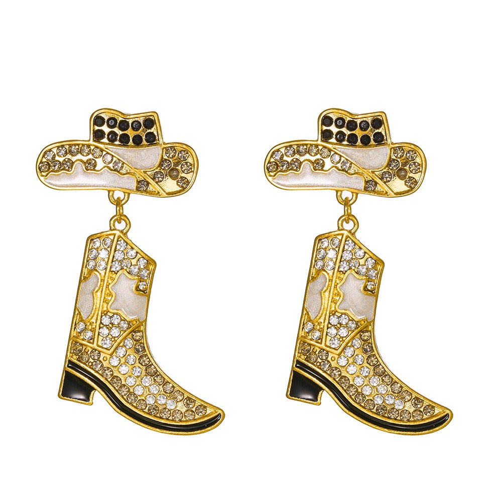 Alloy oil drop inlaid diamond Western cowboy hat boots earrings