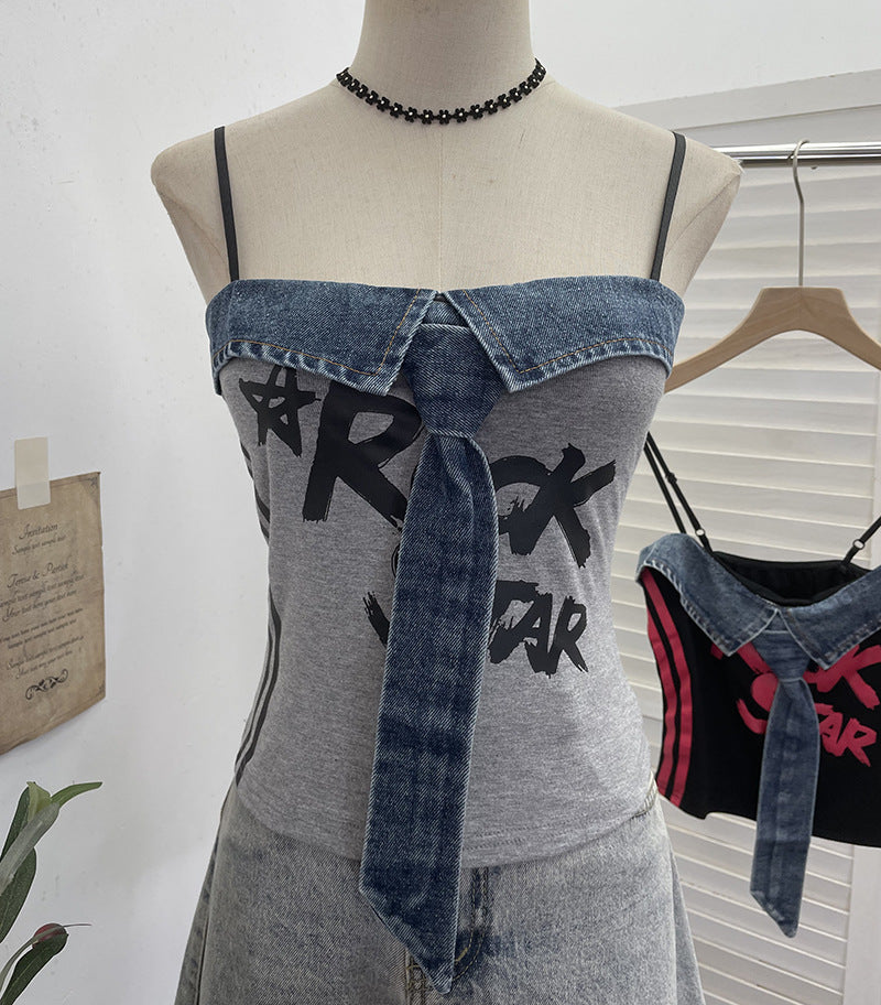 Cowboy patchwork printed tie camisole vest
