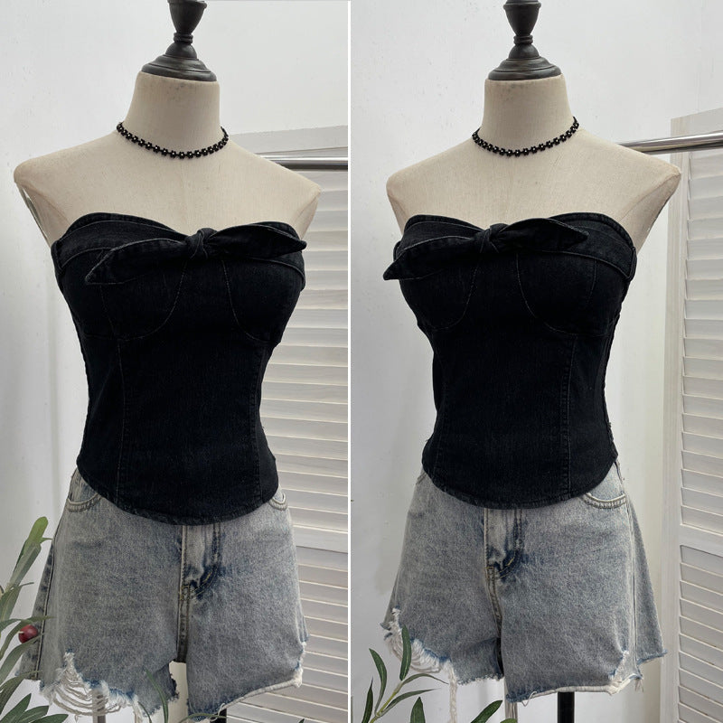 Cowboy strapless tank top with bow tie