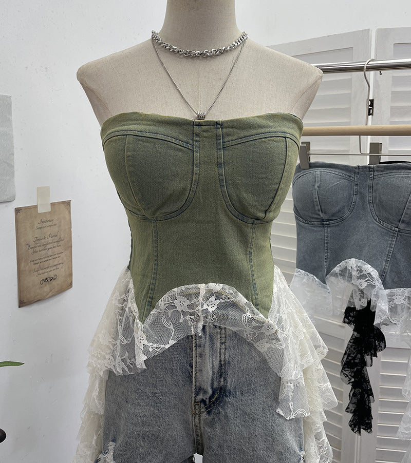 Cowboy patchwork lace ribbon irregular strapless top