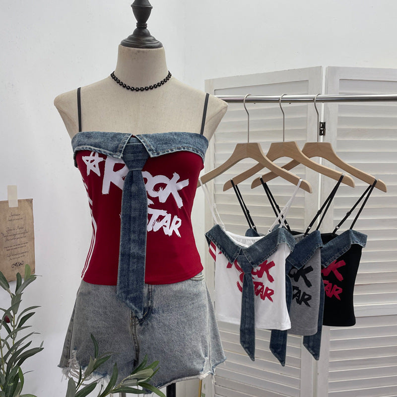 Cowboy patchwork printed tie camisole vest