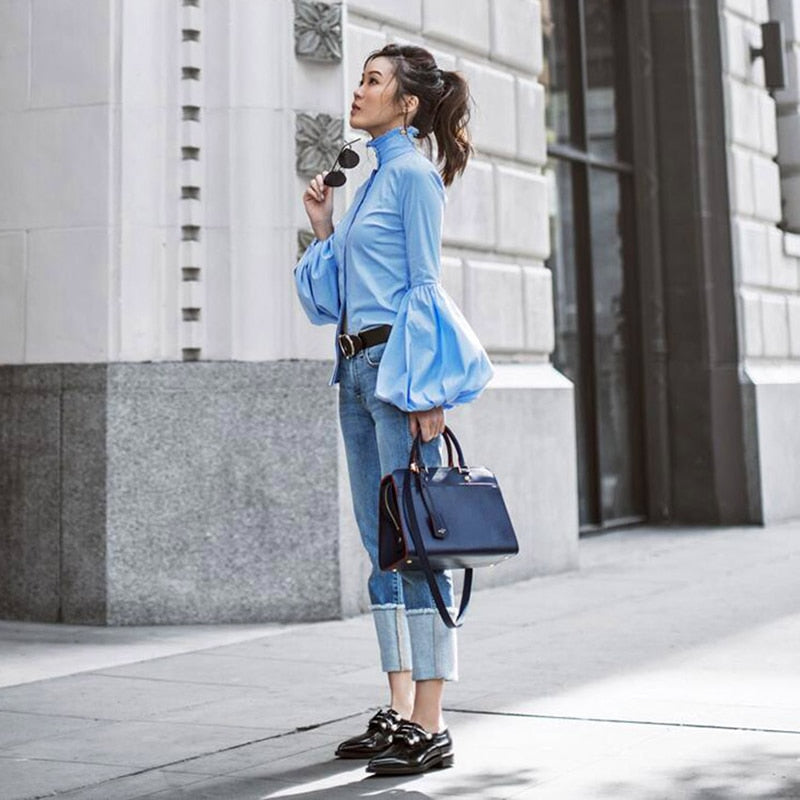 Long Wide Lantern Sleeve Blue Blouse