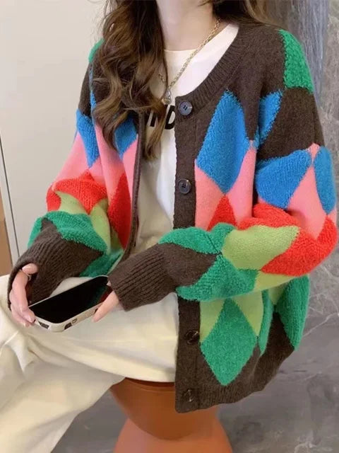 Oversized Cardigan Sweater Women's Loose Plaid V-neck Knitted Tops Coats Rainbow Color New Knit Fashion Women Sweaters