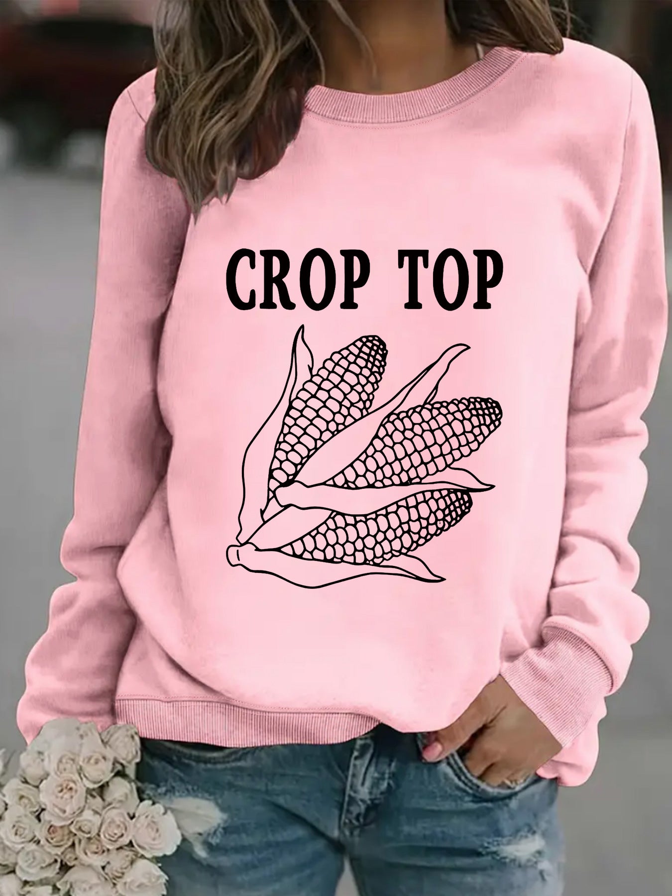Round neck CROP corn print pullover sweatshirt