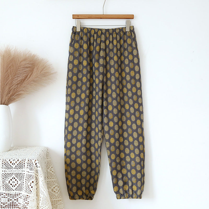 Spring and Summer Pure Cotton Gauze Home Fur Retro Floral Pants