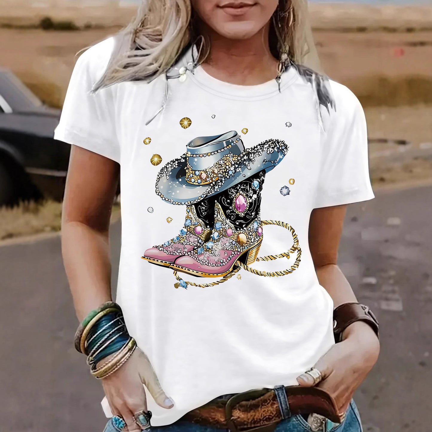 Round neck short sleeved women's T-shirt cowboy hat cowboy boots