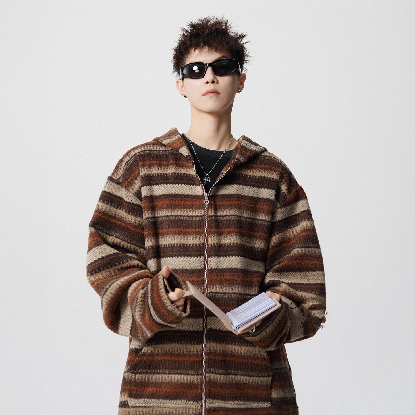 Brown Vintage Stripe Spliced Hoodie Unisex