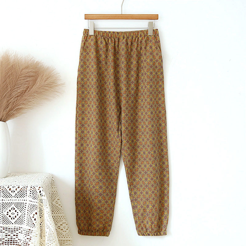 Spring and Summer Pure Cotton Gauze Home Fur Retro Floral Pants