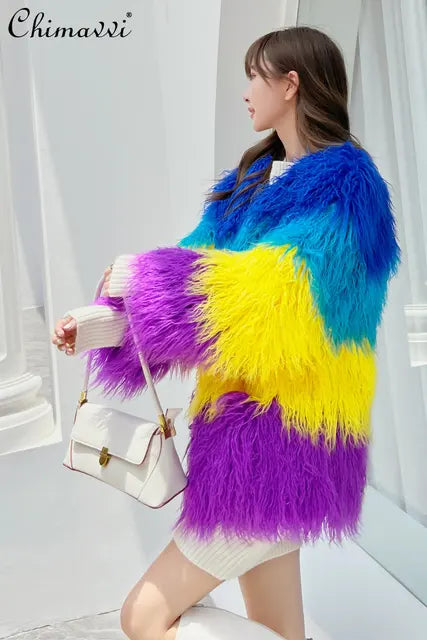 Women's Imitation Fur Stitching Contrast Colour Jacket