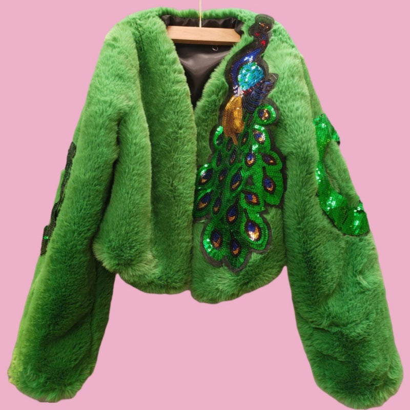 Winter peacock green fur coat women