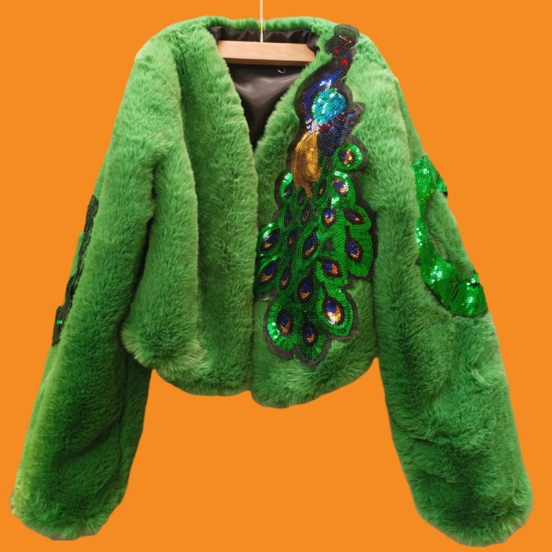 Winter peacock green fur coat women
