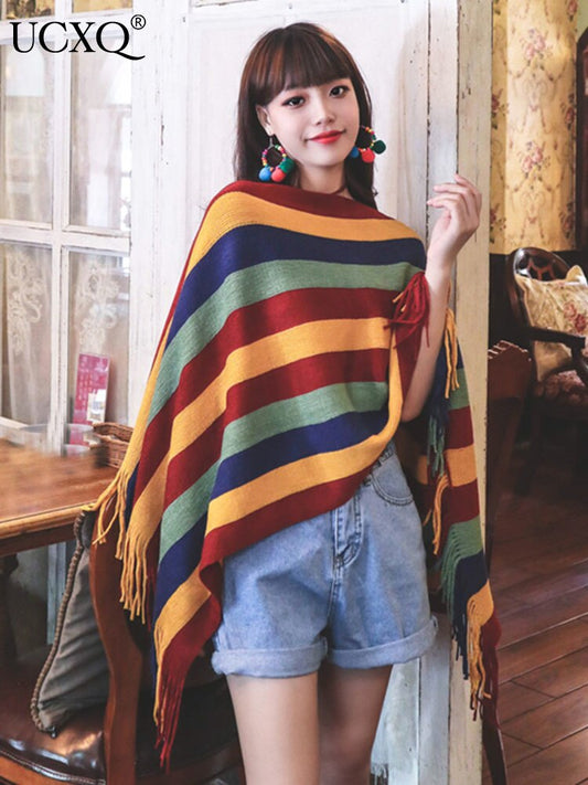 Vintage Colour Tassels Patchwork Knitted Sweaters