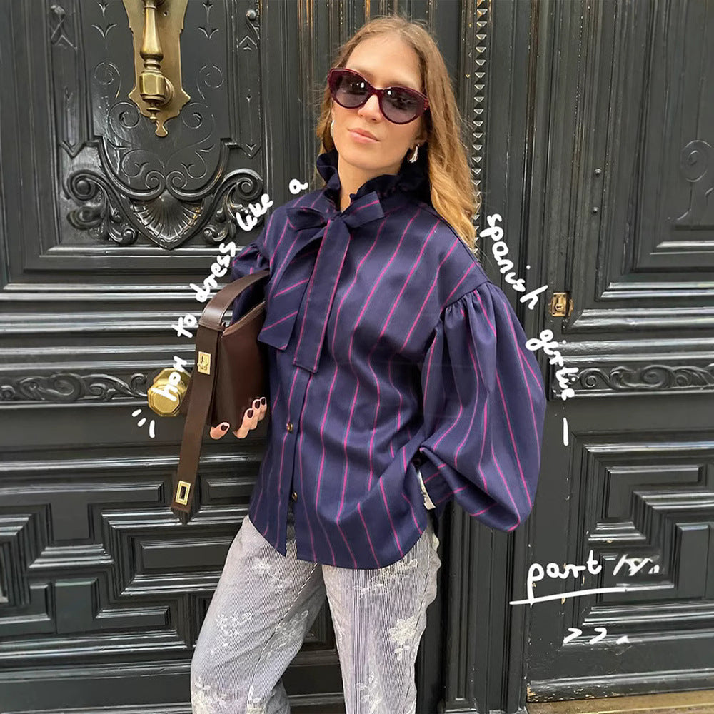 Casual Women Stripe Stand Collar Shirt