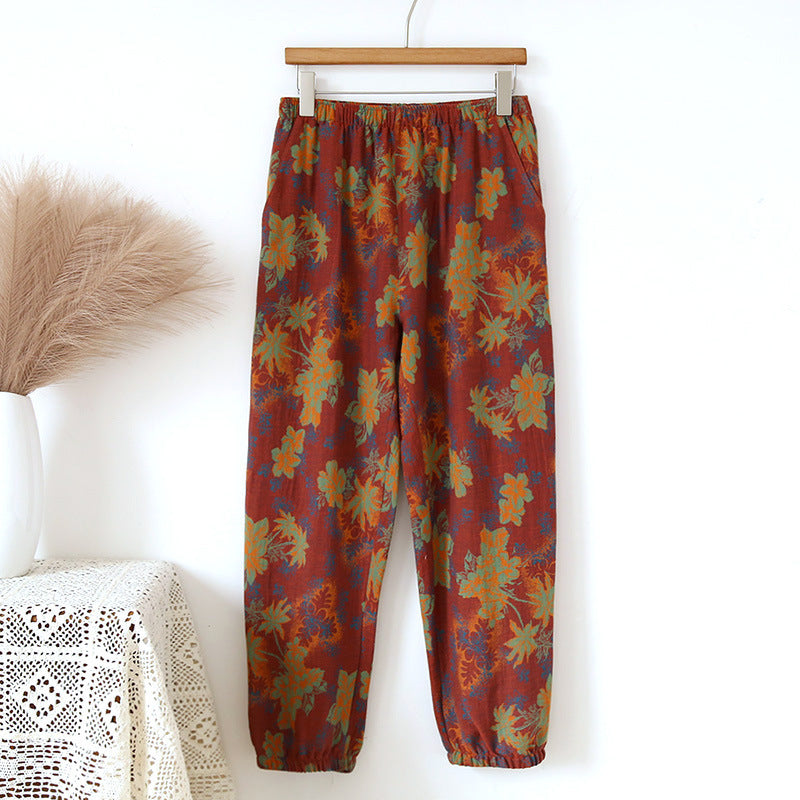 Spring and Summer Pure Cotton Gauze Home Fur Retro Floral Pants
