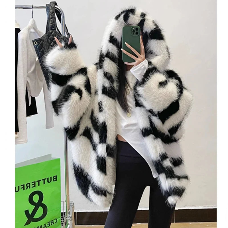 Women's fur coat Zebra print hooded fox fur coat