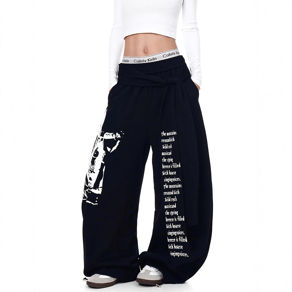 Structured Letter Print Tie-Overlay Heavyweight Sweatpants