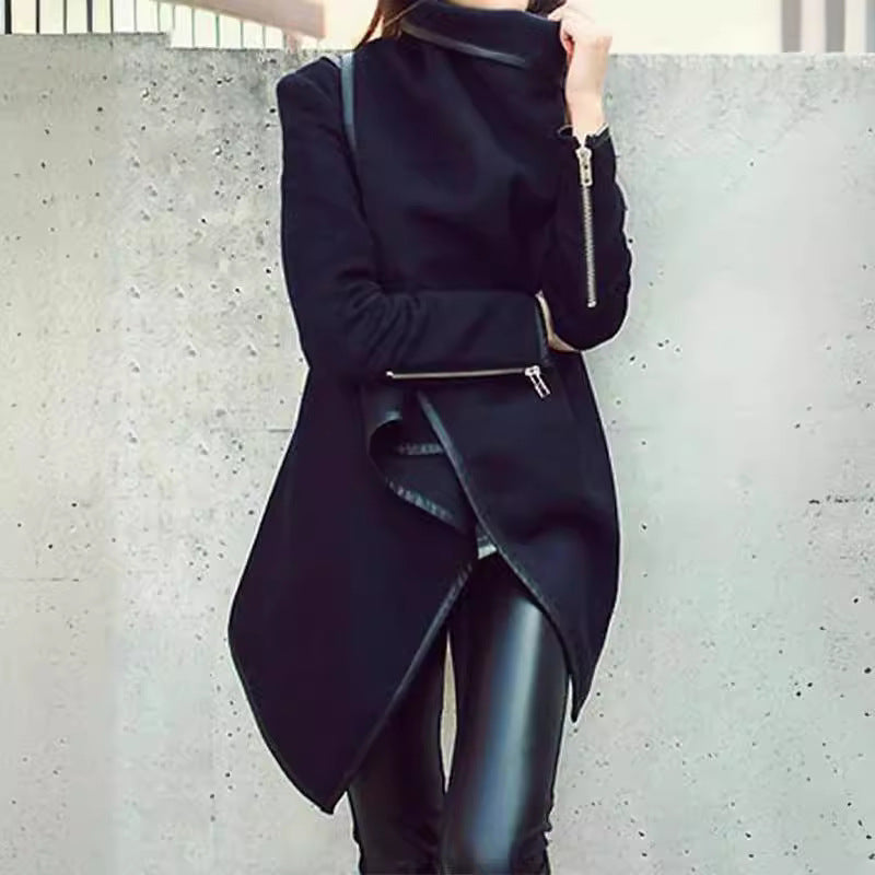 Fashion Asymmetric Solid Colour Split-Joint High-Neck Jacket