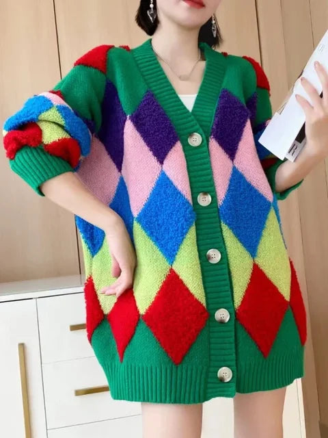 Oversized Cardigan Sweater Women's Loose Plaid V-neck Knitted Tops Coats Rainbow Color New Knit Fashion Women Sweaters