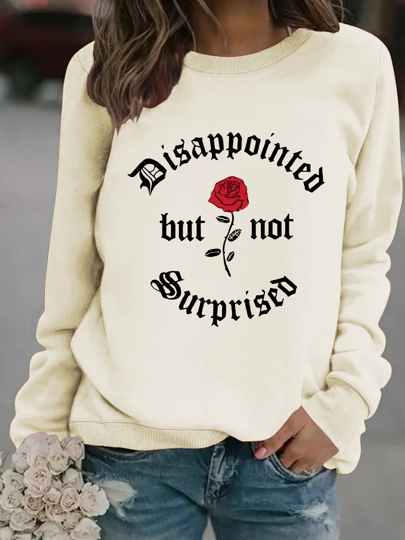 Disappointed rose print pullover sweatshirt