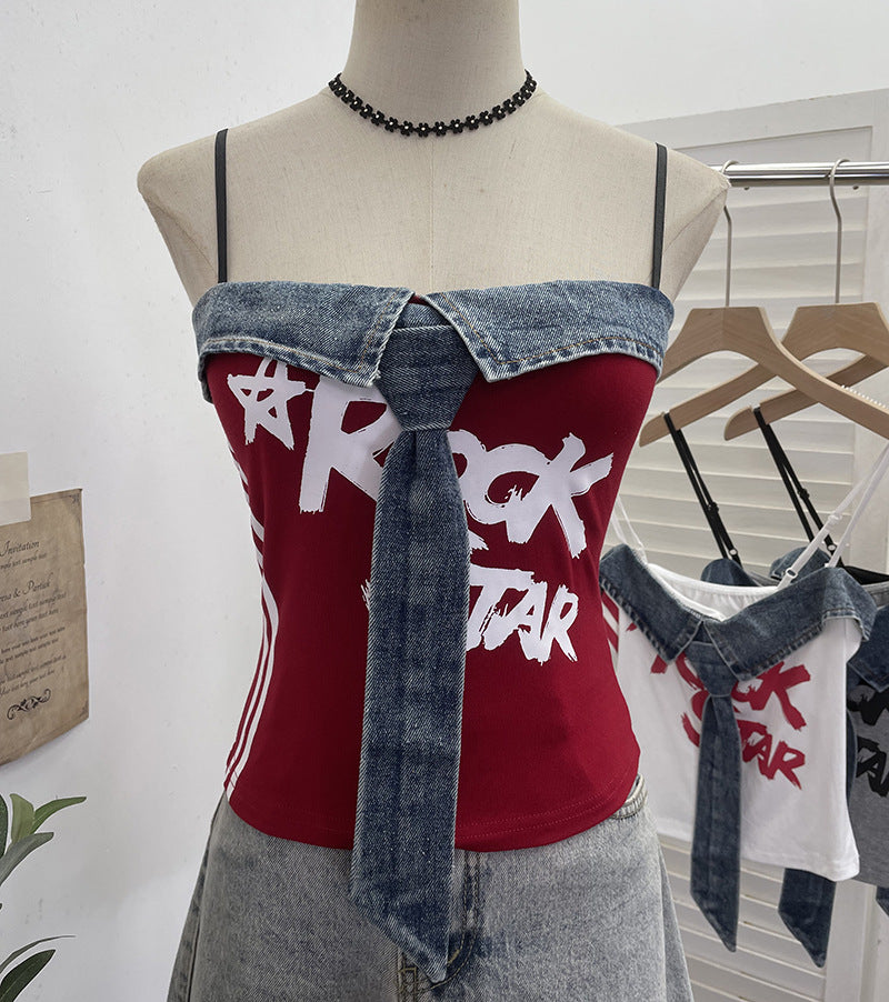Cowboy patchwork printed tie camisole vest