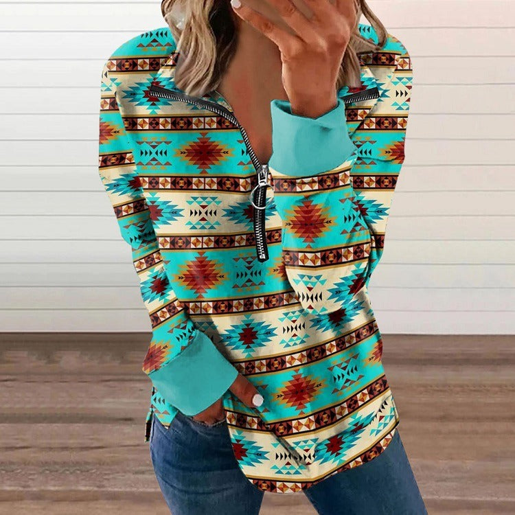 New European and American Womens Western Style Zipper Sweater