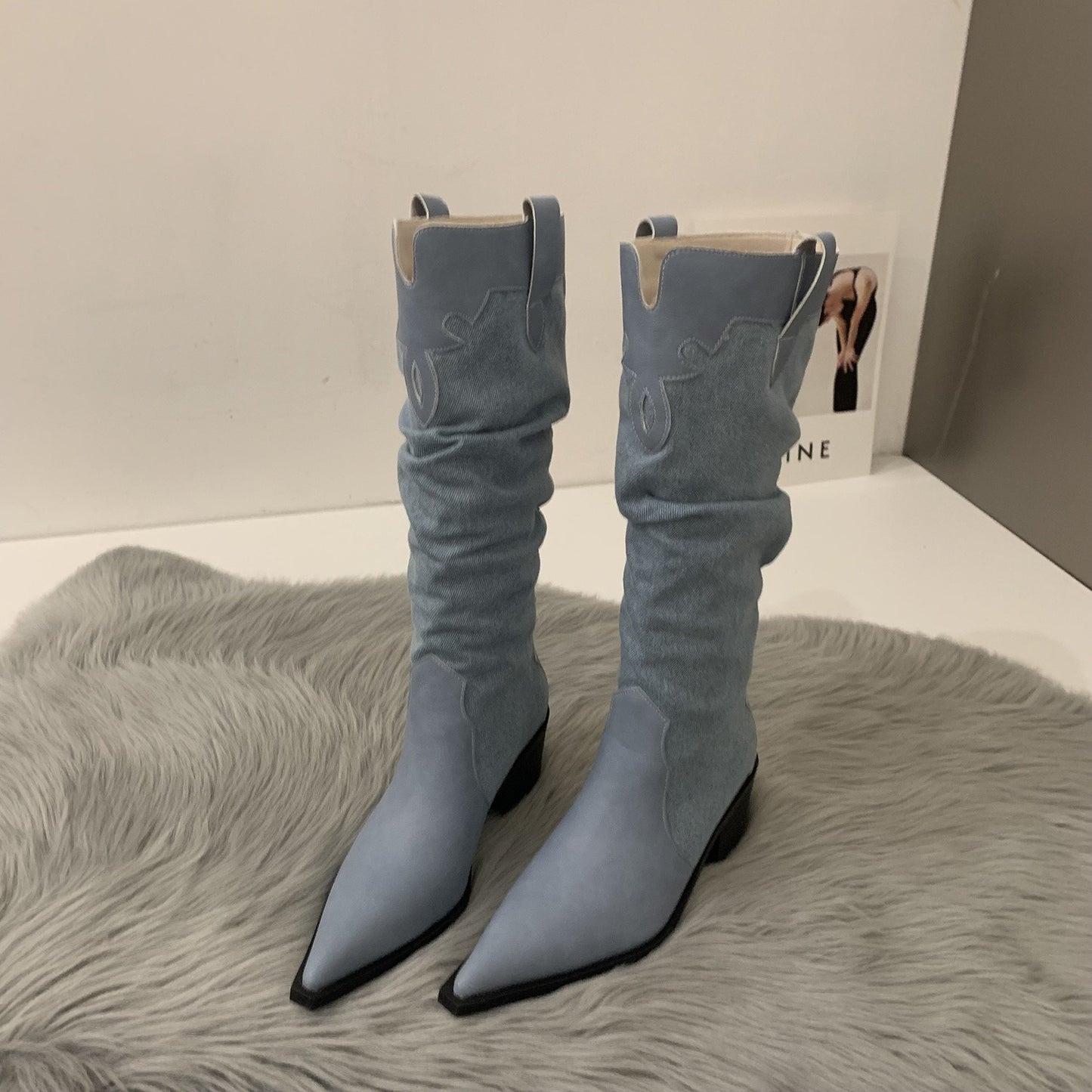 Western Cowboy Women's High Boots Low Heel Ladies Pointed Toe Knee High Boots Shoes Winter High Quality Suede Shoes
