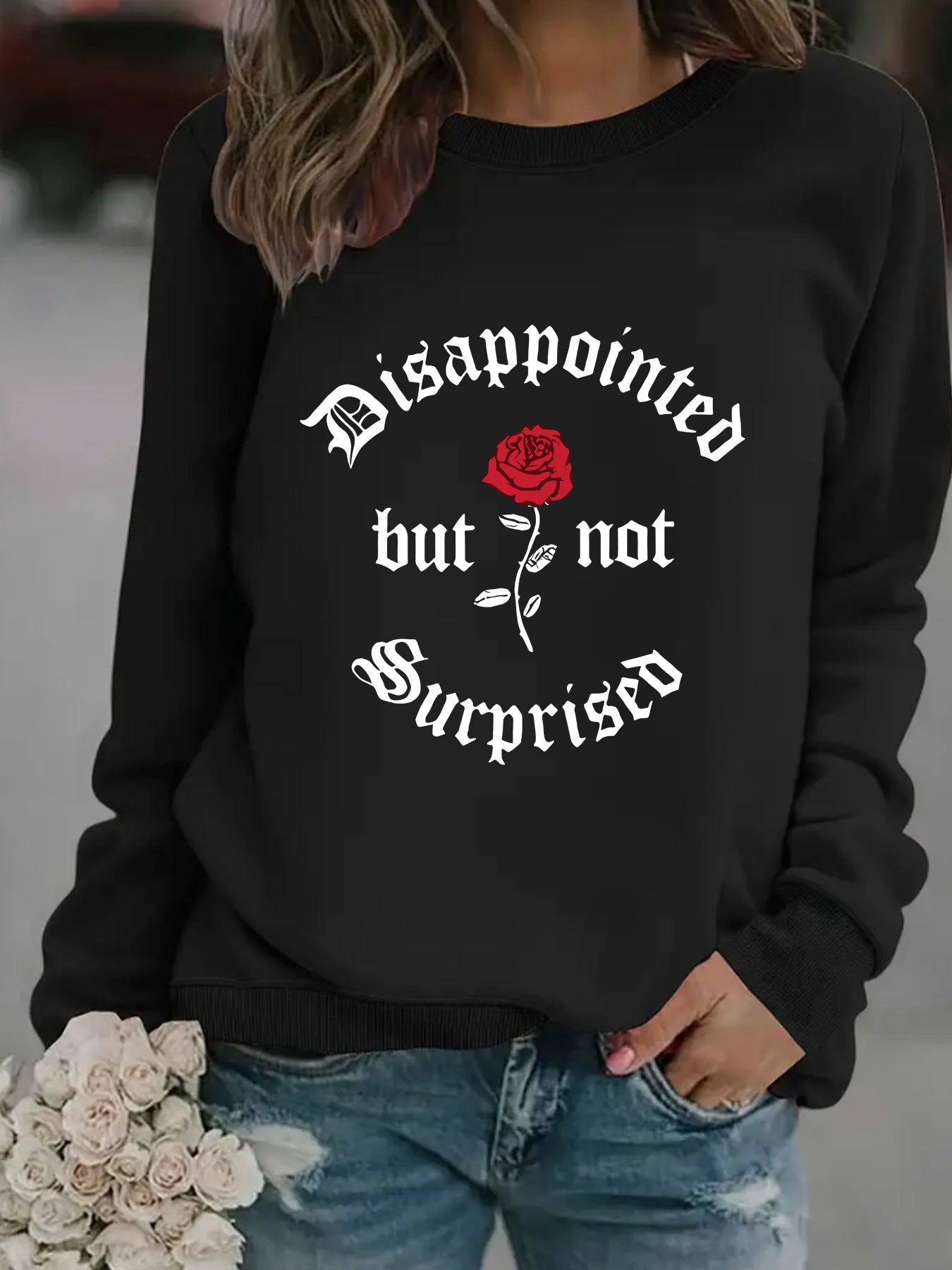 Disappointed rose print pullover sweatshirt