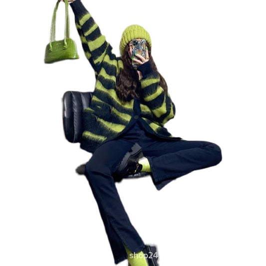 Women's Green Leopard Mohair Cardigan