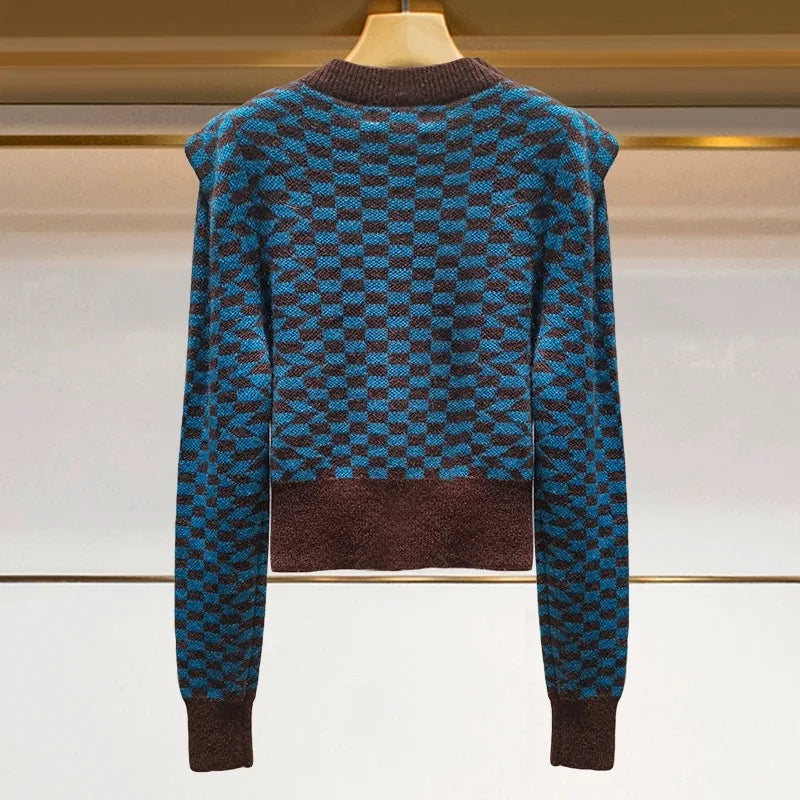 Cartoon Embroidered Argyle Knit Sweater