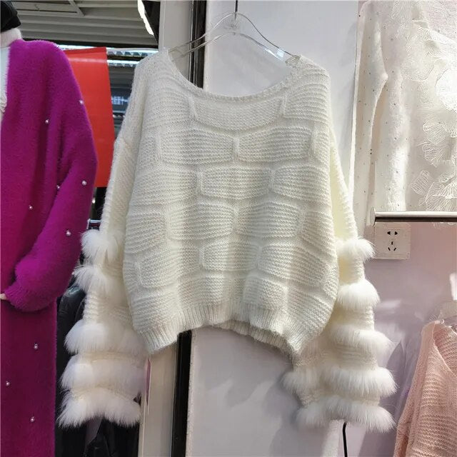 Vintage Faux Fur Patchwork Loose O-neck Thick Warm Pullover