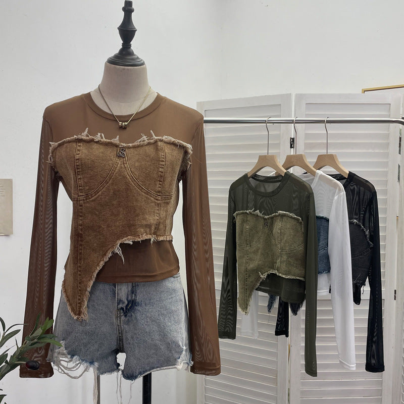 Cowboy patchwork long sleeved mesh T-shirt for women