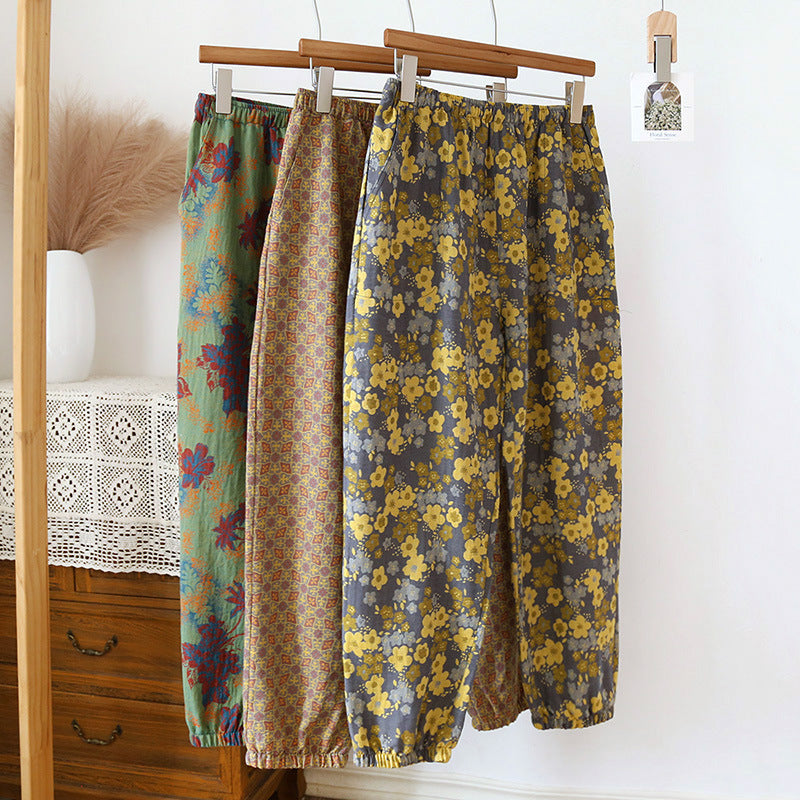 Spring and Summer Pure Cotton Gauze Home Fur Retro Floral Pants