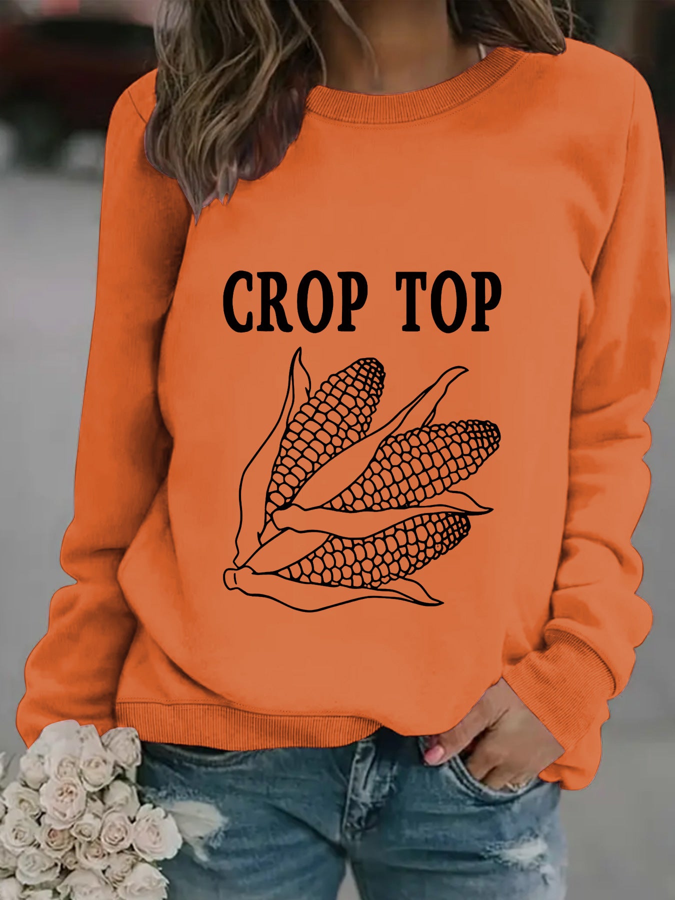 Round neck CROP corn print pullover sweatshirt