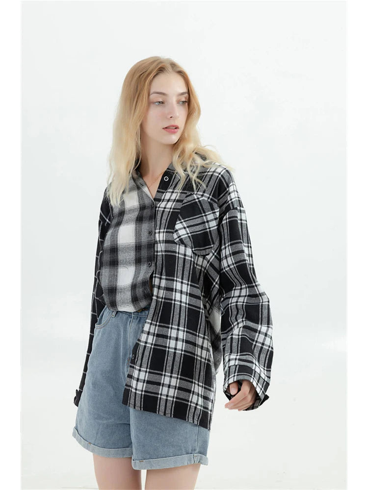 Oversized Plaid Patchwork Blouses
