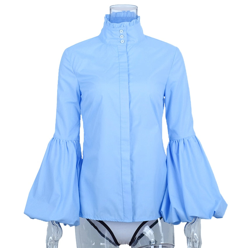 Long Wide Lantern Sleeve Blue Blouse