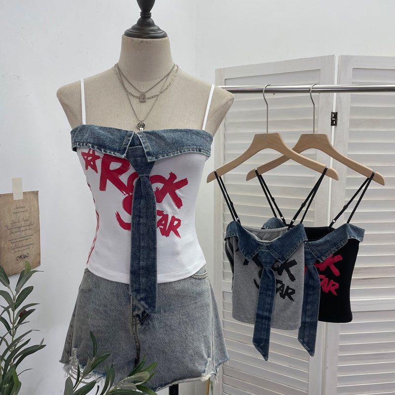 Cowboy patchwork printed tie camisole vest