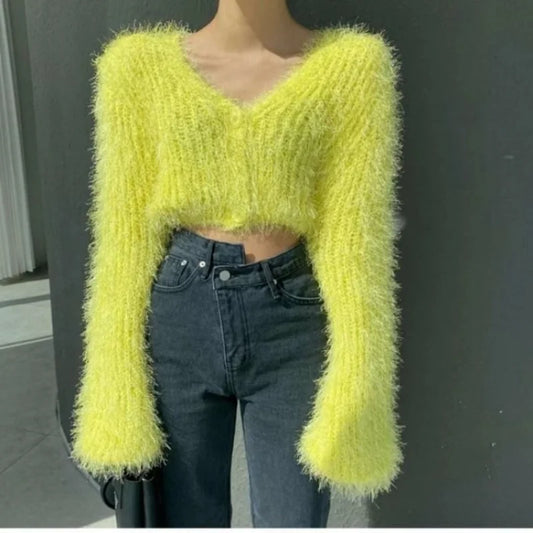 Women Yellow Mink  Knitted Cardigan