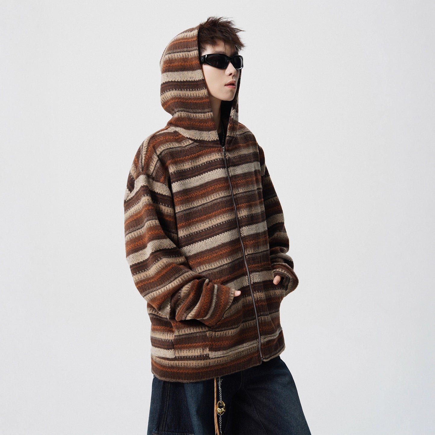 Brown Vintage Stripe Spliced Hoodie Unisex