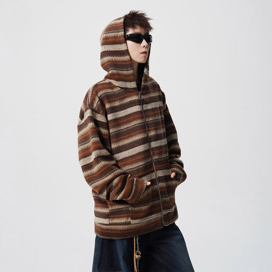 Brown Vintage Stripe Spliced Hoodie Unisex