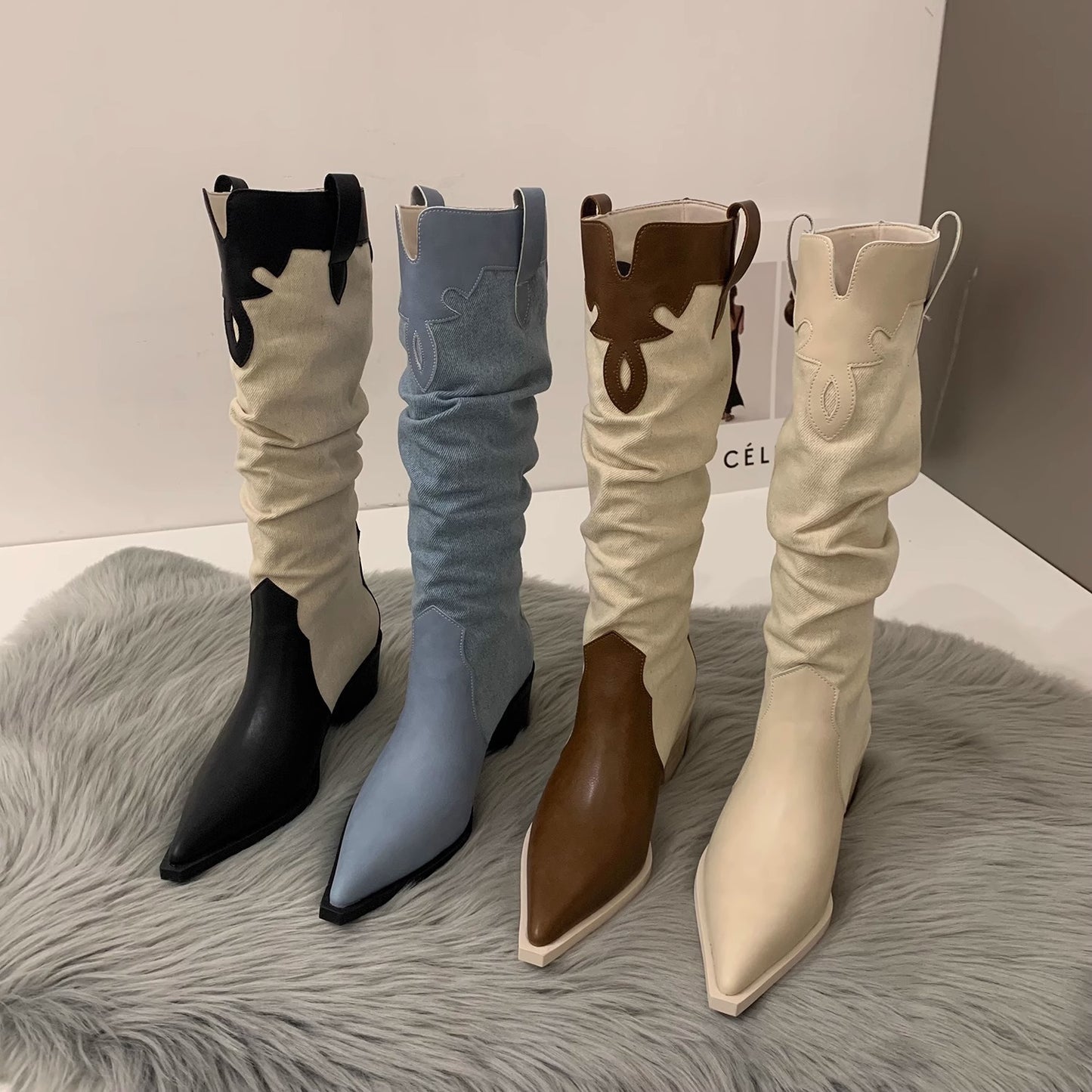 Western Cowboy Women's High Boots Low Heel Ladies Pointed Toe Knee High Boots Shoes Winter High Quality Suede Shoes