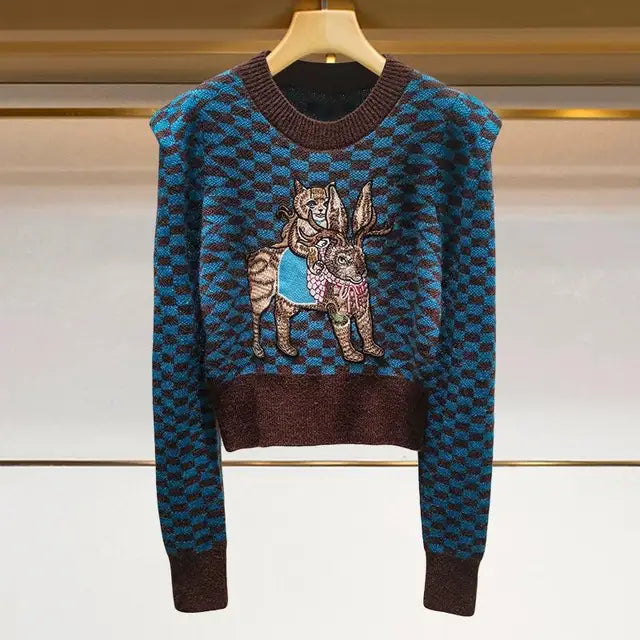 Cartoon Embroidered Argyle Knit Sweater