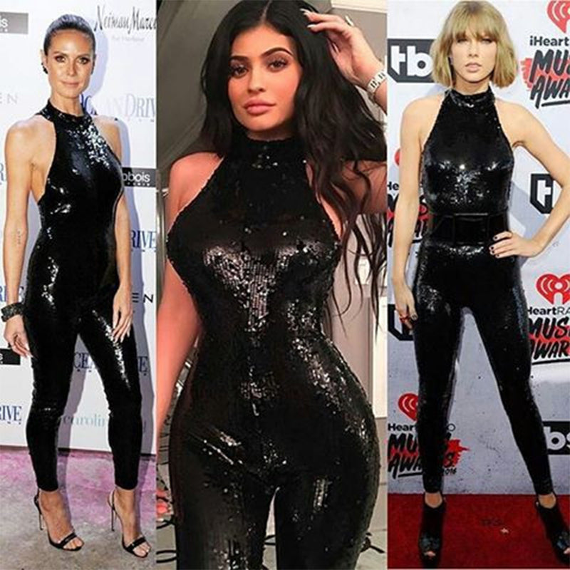 Jumpsuit Sexy Halter Off Shoulder Black Sequin Jumpsuit