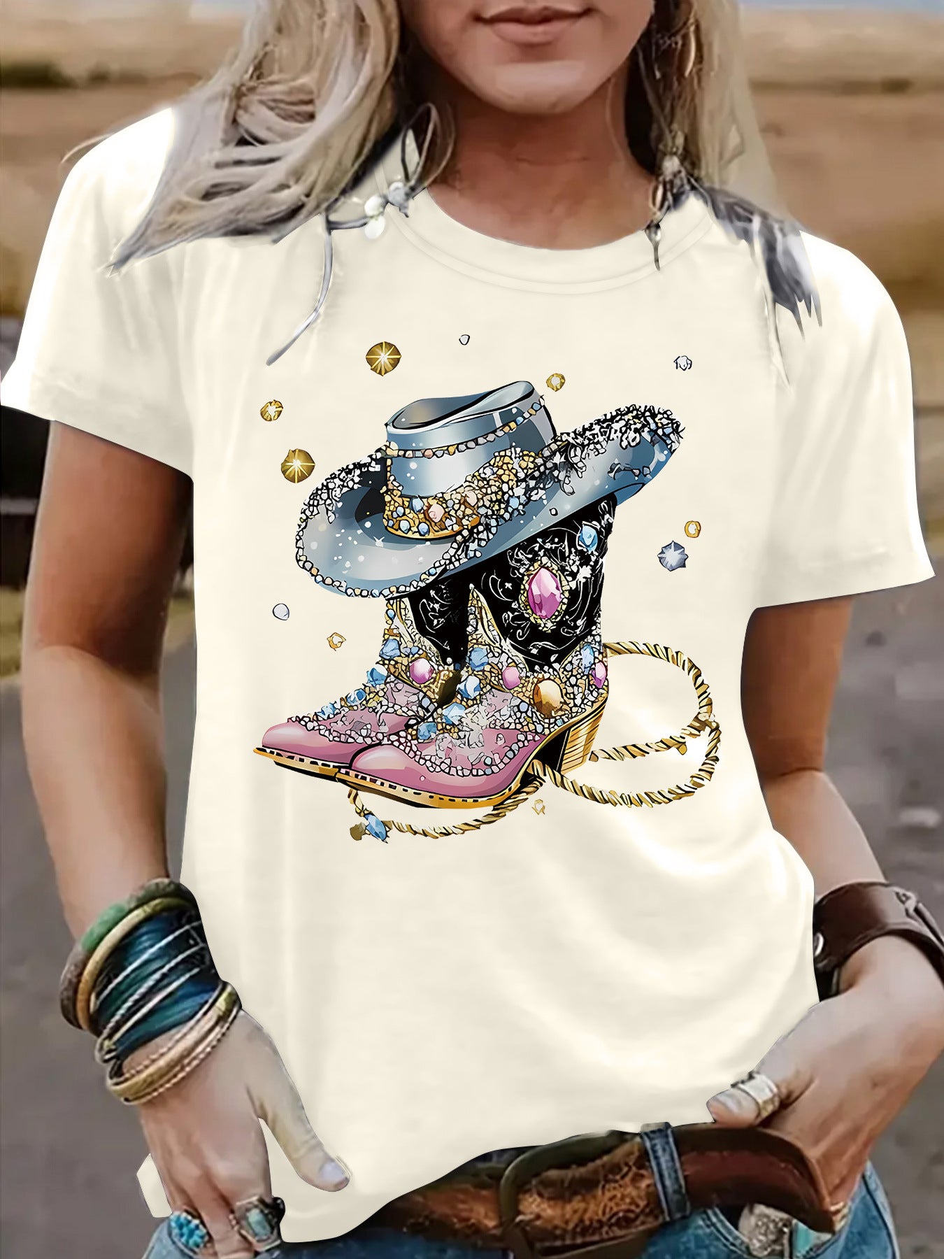 Round neck short sleeved women's T-shirt cowboy hat cowboy boots