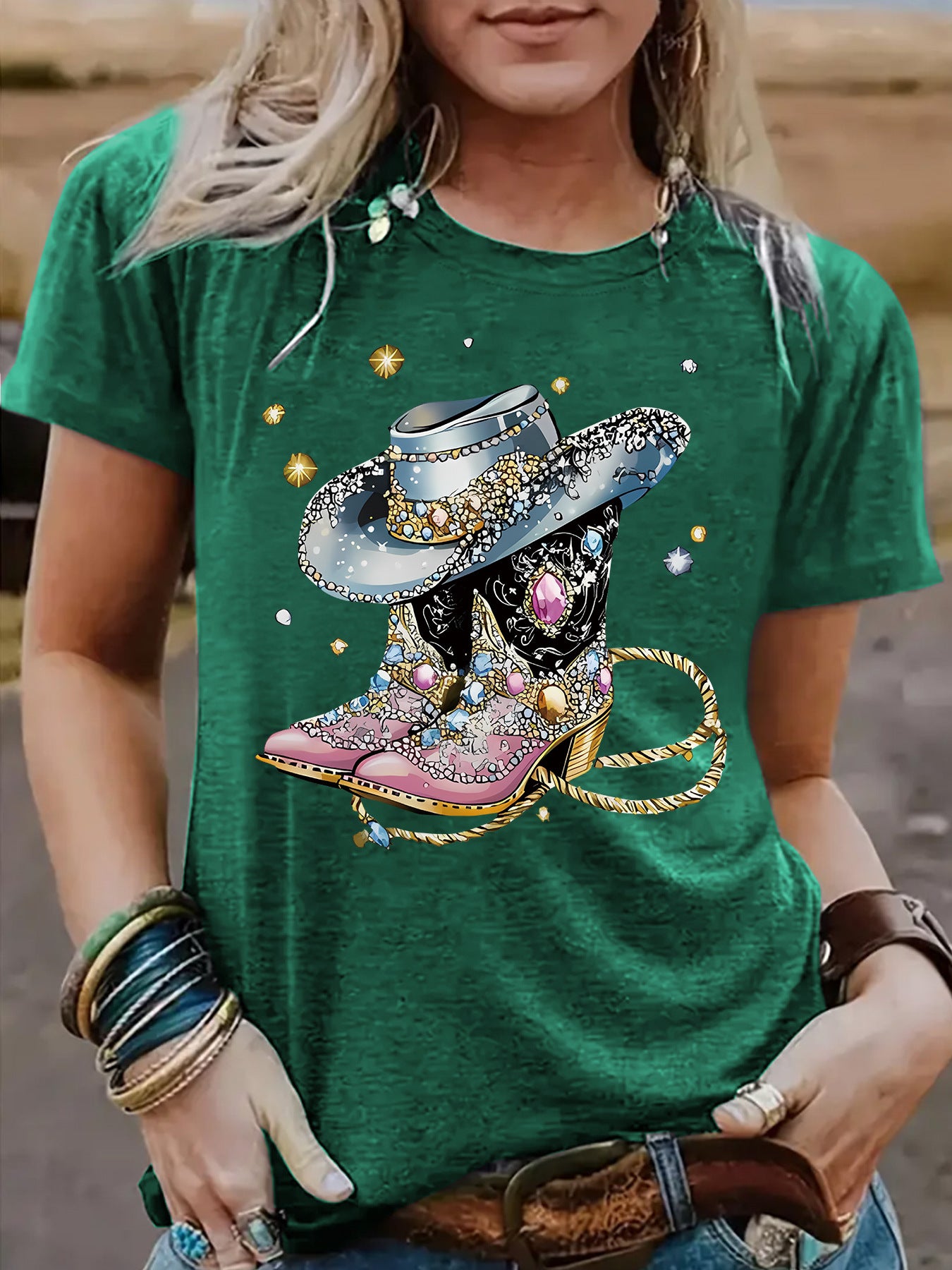 Round neck short sleeved women's T-shirt cowboy hat cowboy boots