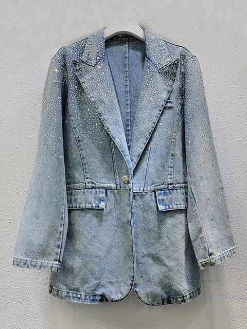 Women's Denim Blazer Washed Blue Vintage Diamonds Rhinestone Single Button Suit Jackets  Autumn New Fashion